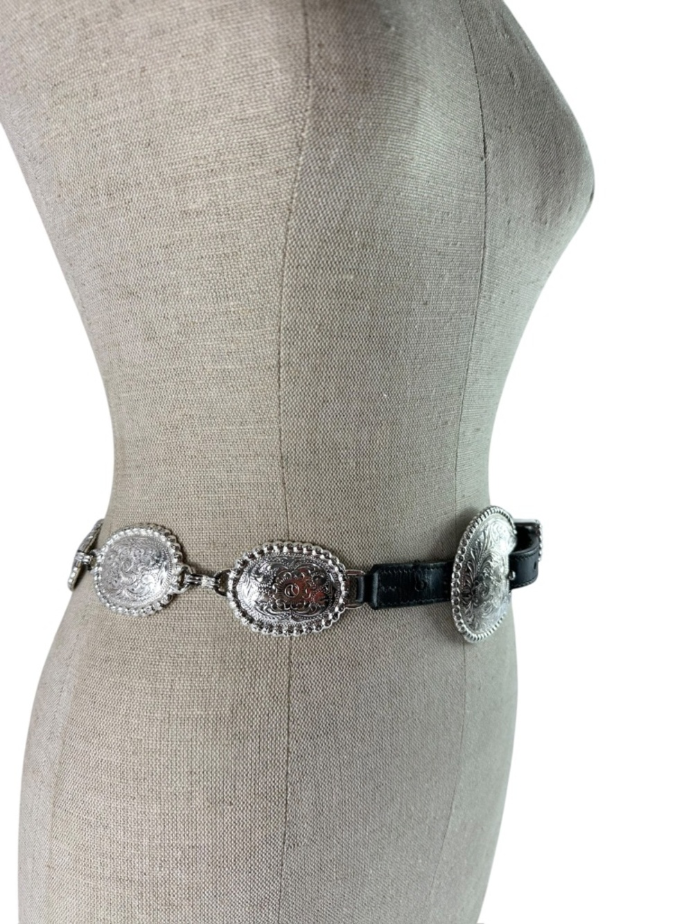 Genuine Vintage TONY LAMA Black Leather Concho Silver Western Bohemian Belt 28 - Picture 3 of 11